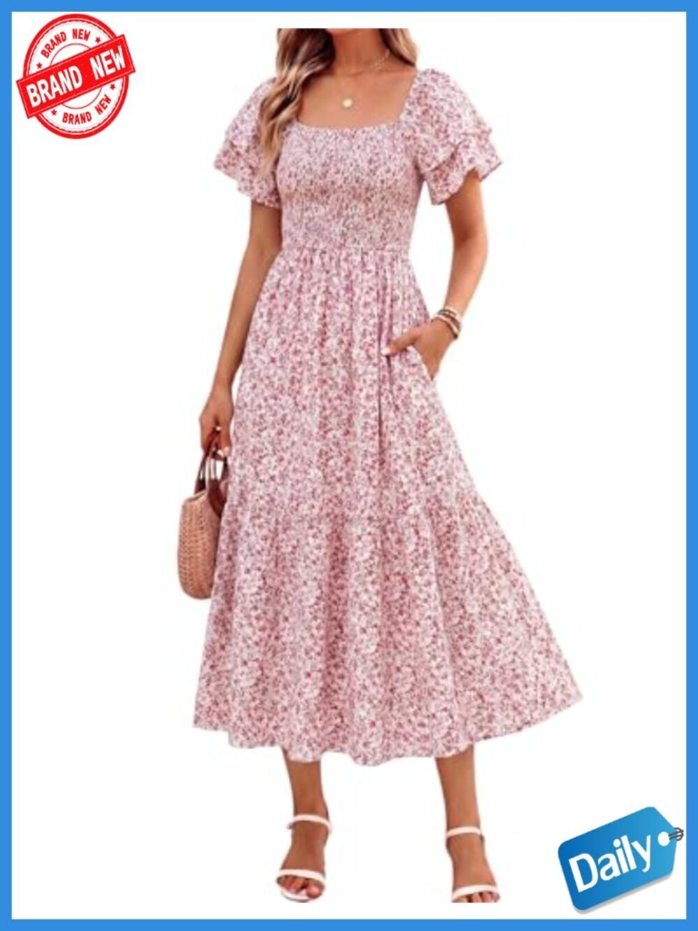 Women's Square Neck Ruffle Midi Dress with Pockets